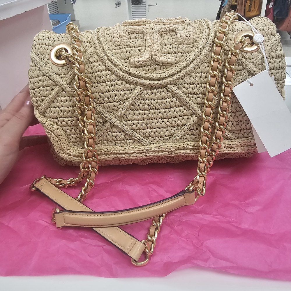 Tory Burch Small Fleming Soft Straw / Leather Convertible Crossbody Bag new
